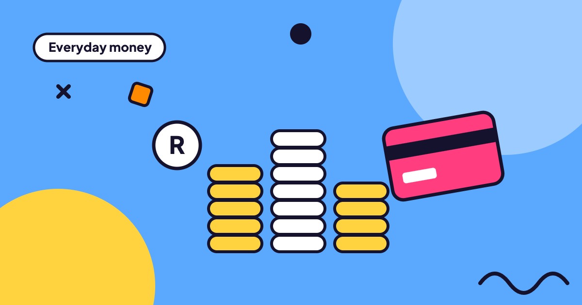 Colourful illustration of coin stacks and a bank card for everyday money decisions