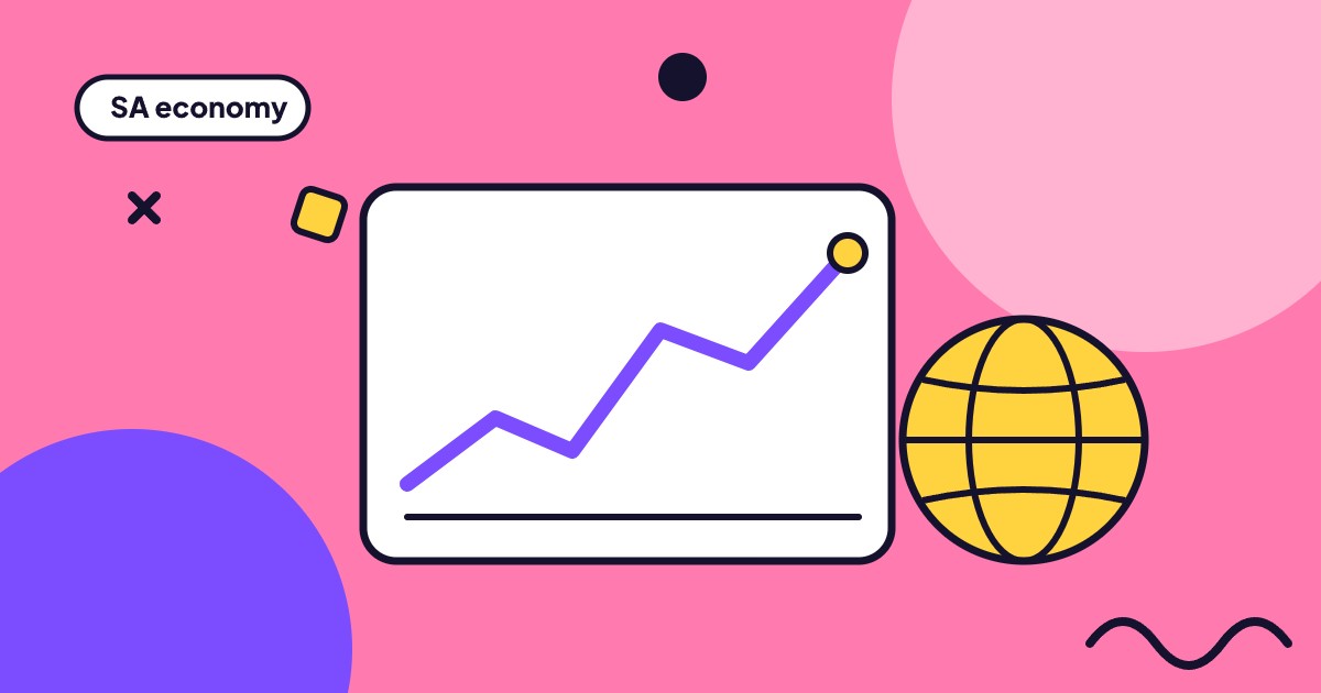 Colourful illustration of a rising line graph and globe for South African economic news